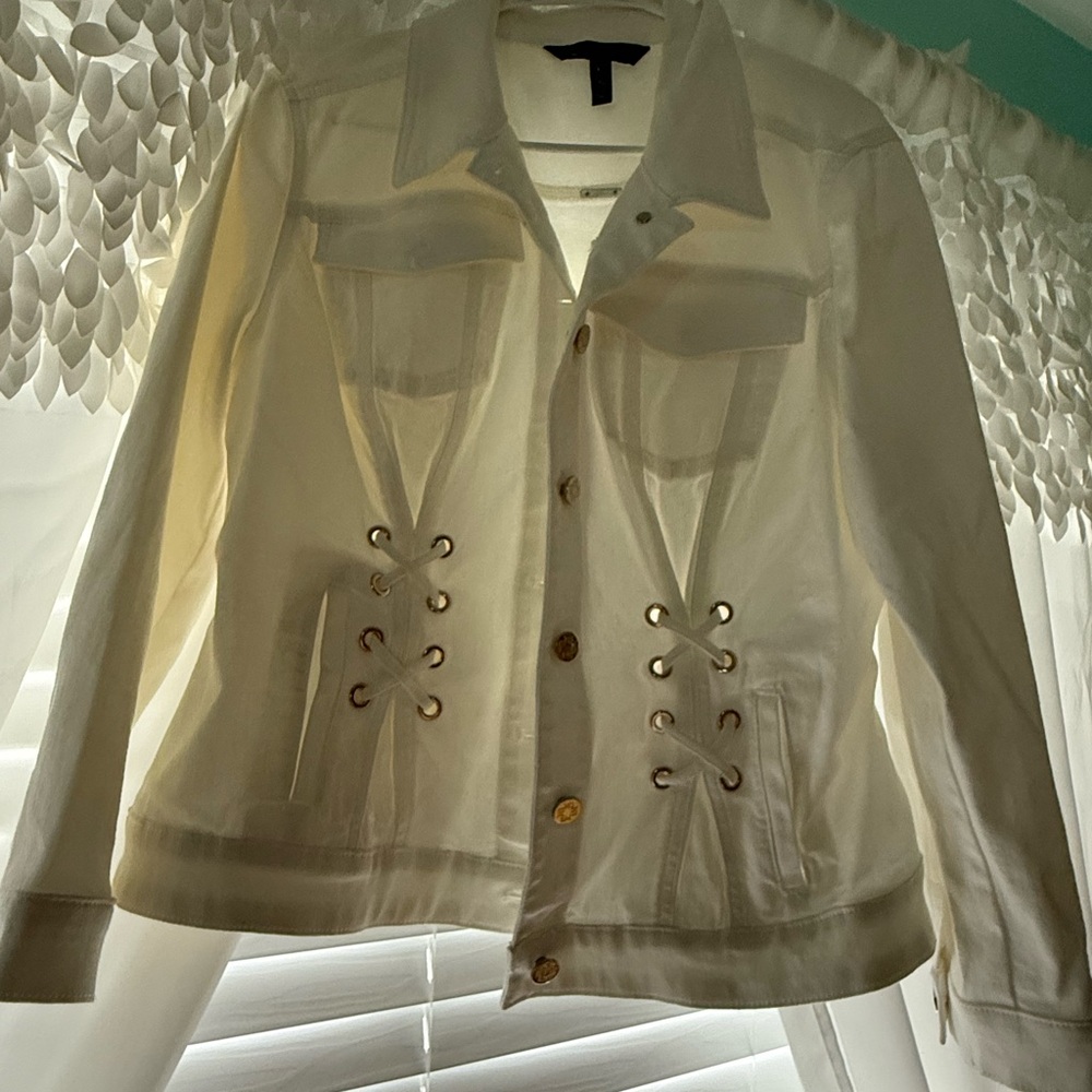 White House Black Market White Jean Jacket with Lace-Up Details